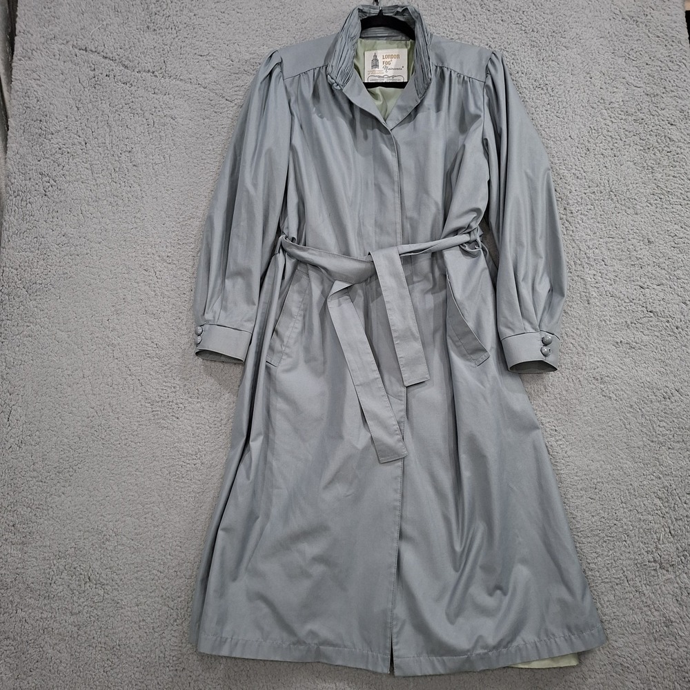 Vintage London Fog Belted Trench Coat 8 Petite Gray USA Made Puff Sleeve